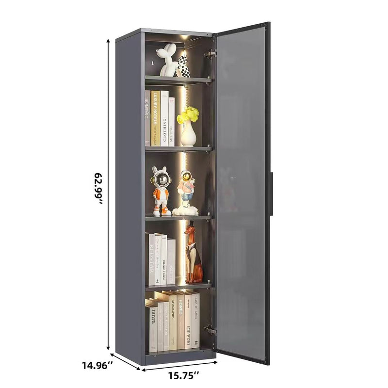 Single Glass Door Metal Storage Cabinet For Storing Photo Frames, Models, Handicrafts Display Cabinets With Removable Dividers And Led Light Strips - Gray