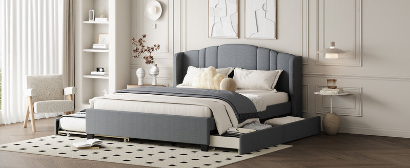 Upholstered Platform Bed with Wingback Headboard, One Twin Trundle and 2 Drawers, No Box Spring Needed, Linen Fabric, Queen Size Gray