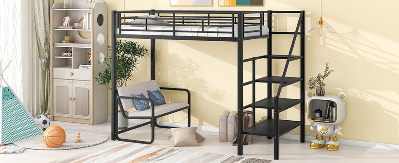 Twin Size Metal Loft Bed with Bench and Storage Staircase, Black