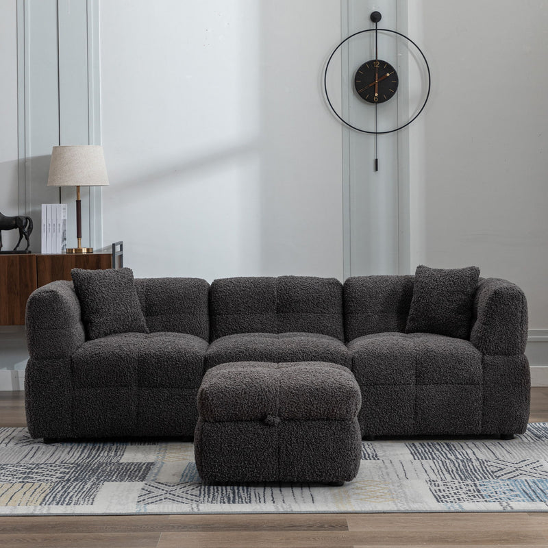 Sectional Sofa Cozy Teddy Fleece Sectional Sofa Couch With Two USB Ports A Movable Storage Ottoman And Two Lumbar Pillows For Living Room