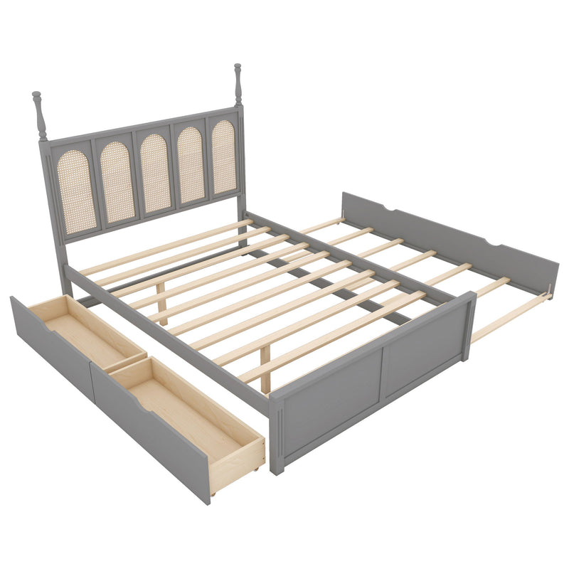 Rattan Platform Bed With With 2 Big Drawers With Trundle