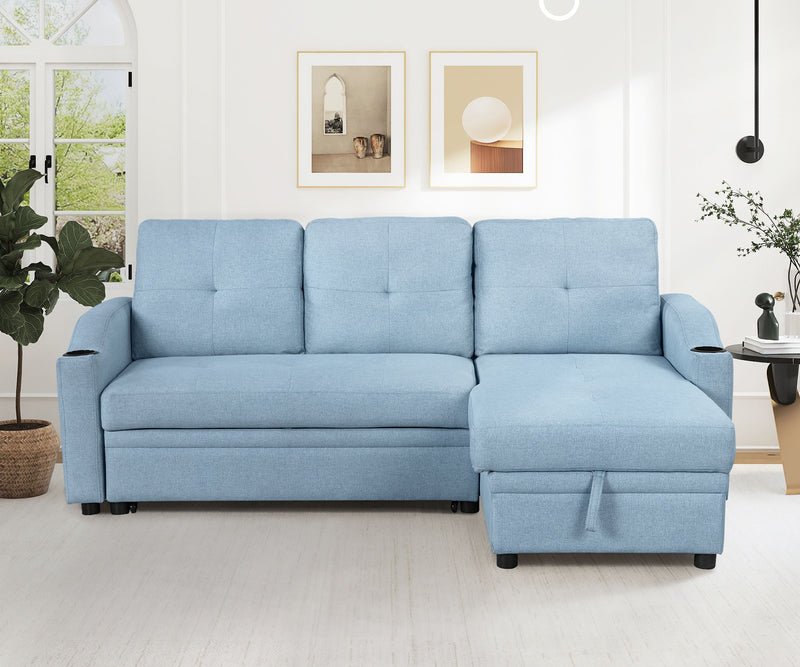 Pull Out Sofa Bed Modern Padded Upholstered Sofa Bed, Linen Fabric 3 Seater Couch With Storage Chaise And Cup Holder, Small Couch For Small Spaces