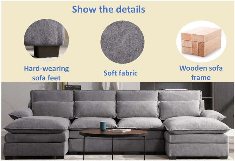 U Shaped Modular Sectional Sofa 6 Deap Seats Corne with waist poillow, Oversized Convertible Upholstery Symmetrical Sofá Cloud Couches with Double Chaise&Memory Foam for Living Room, Gray