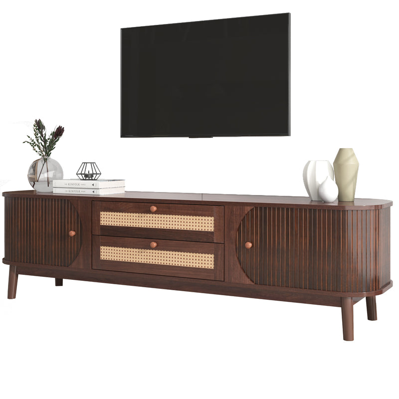 Rattan TV Stand for TVs up to 75'', Modern Farmhouse Media Console, Entertainment Center with Solid Wood Legs, TV Cabinet for Living Room,Home Theatre