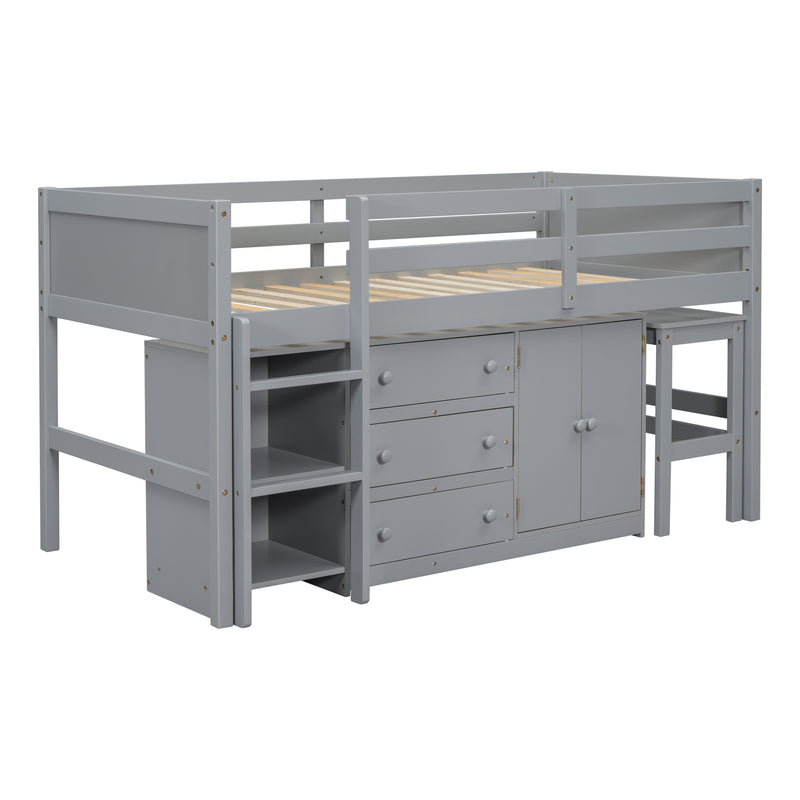 Twin Size Low Loft Bed With Pull-Out Desk, Drawers, Cabinet, and Shelves for Grey Color