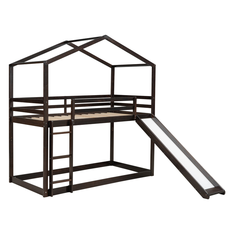 Twin Over Twin Bunk Bed with Roof, Slide and Ladder, Espresso