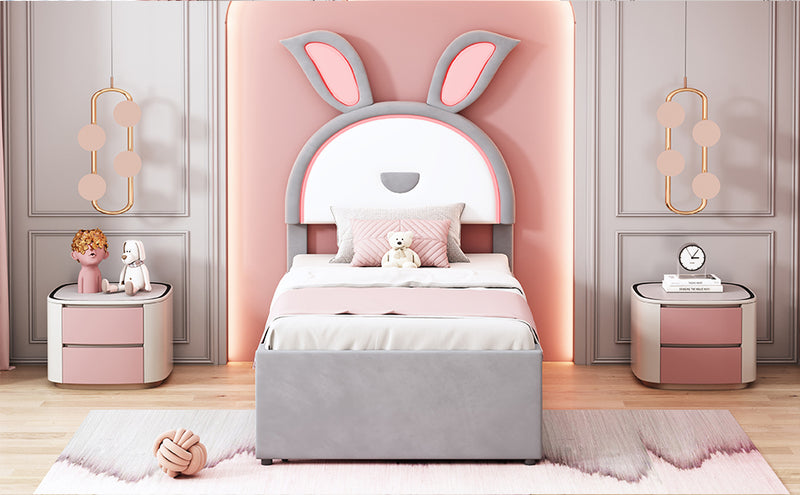 Twin Size Upholstered Platform Bed with Trundle and 3 Drawers, Rabbit-Shaped Headboard with Embedded LED Lights, Gray