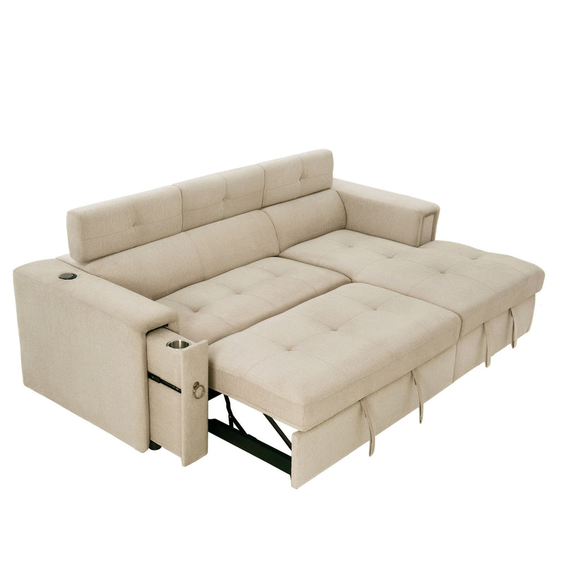 Multi-Functional Pull-Out Sofa Bed L-Shape Sectional Sofa With Adjustable Headrest, Wireless Charging, Cup Holders And Hidden Storage For Living Room