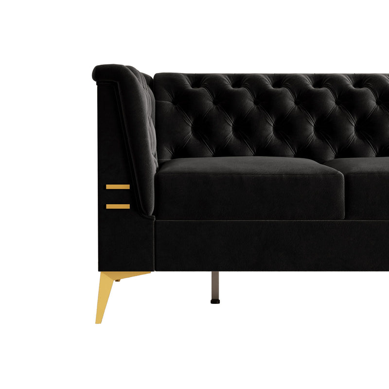 Fx-P83-Bk2 (Sofa) Luxurious Velvet Sofa With Gold Legs, Modern Chesterfield Design, Tufted Upholstery, 3-Seat Couch For Living Room And Office - Black