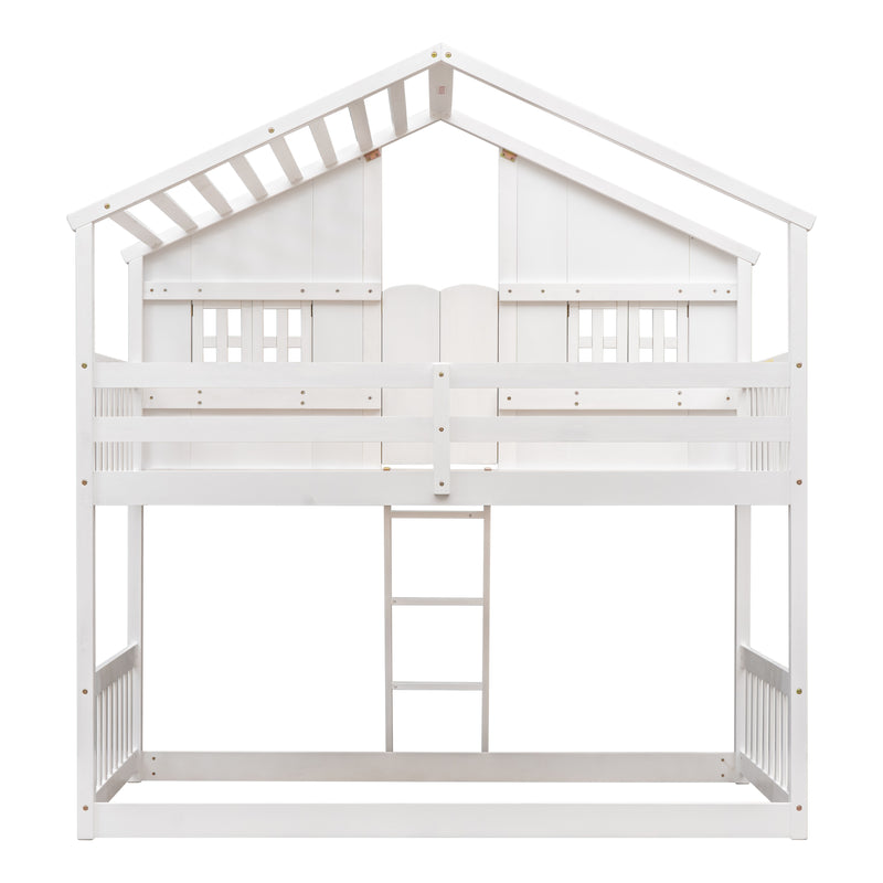 Twin over Twin House Bunk Bed with Roof , Window, Window  Box, Door , with Safety Guardrails and Ladder,White