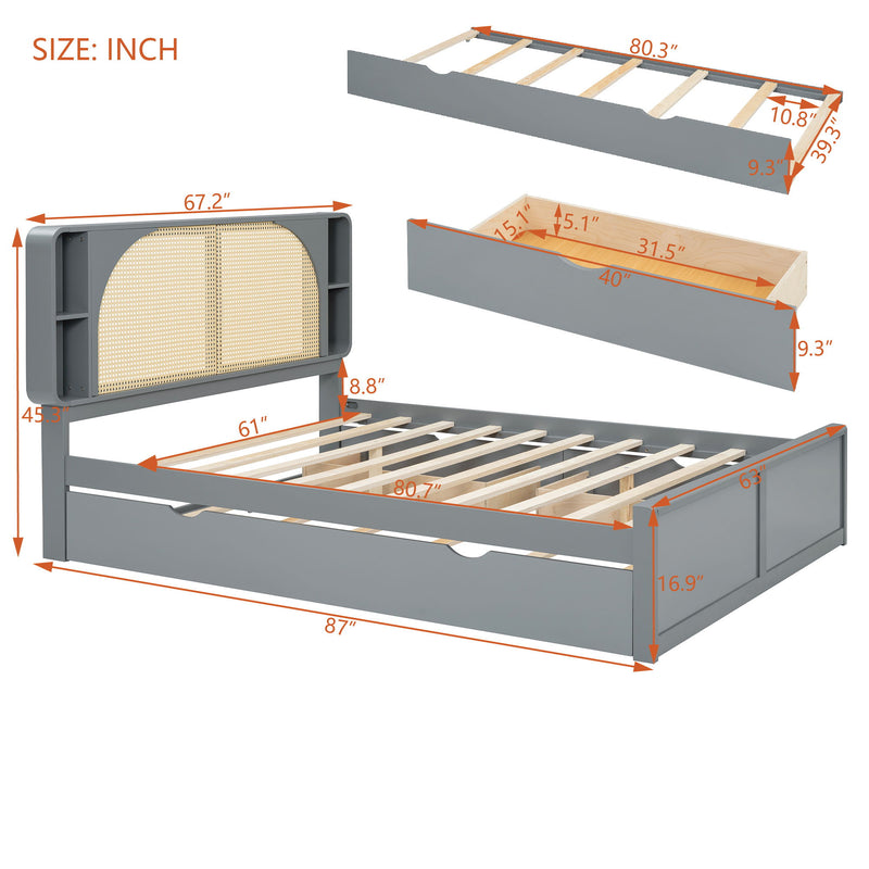 Queen Size Rattan Headboard Bed With Two Drawers And Trundle - Gray