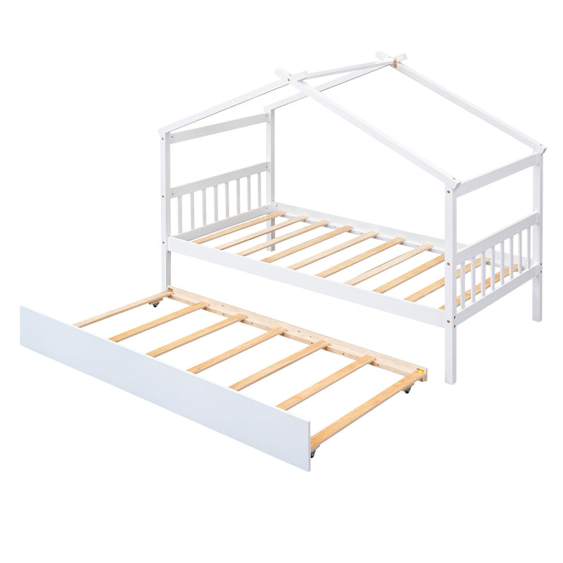 Twin Size Wooden House Bed With Twin Size Trundle - White