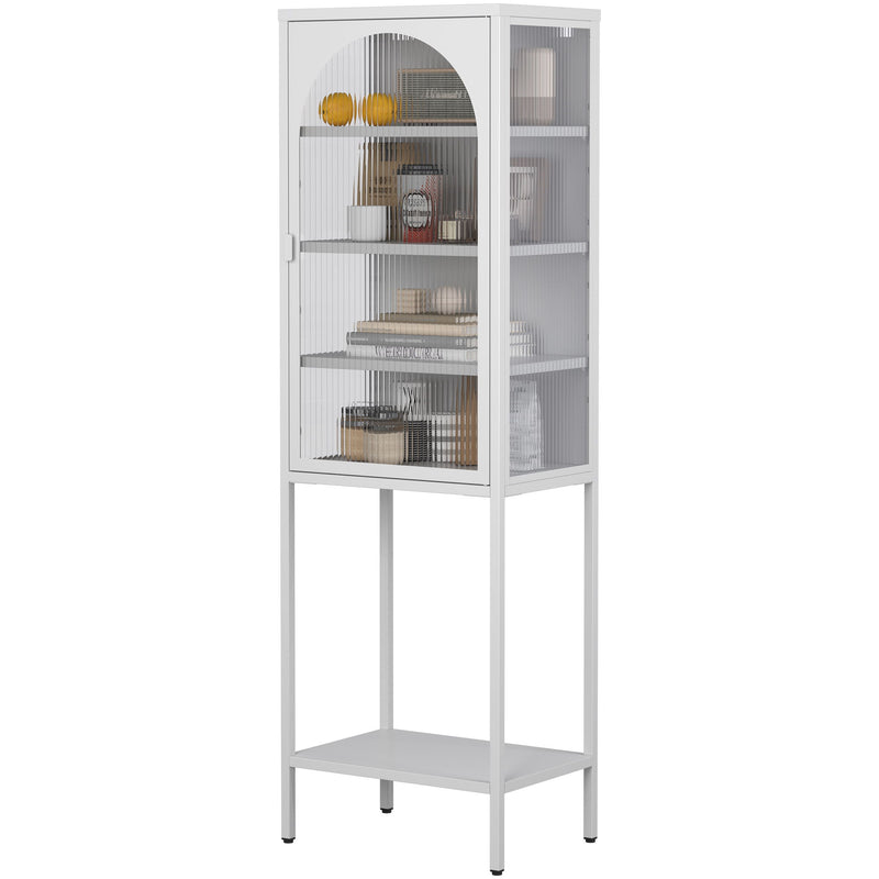 Metal Glass Door Display Storage Cabinet - 5 Tier Cube Bookshelf Storage Cabinet With 3 Adjustable Shelves For Kitchen, Dining Room, Living Room, Bathroom, Home Office - Antique White