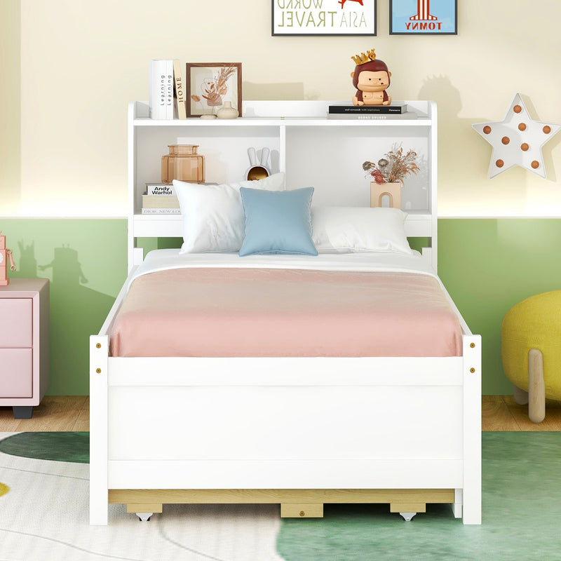 Twin Size Bed with  built-in USB ,Type-C Ports, LED light, Bookcase Headboard, Trundle and 3 Storage Drawers, Twin Size Bed with  Bookcase Headboard, Trundle and Storage drawers  ,White