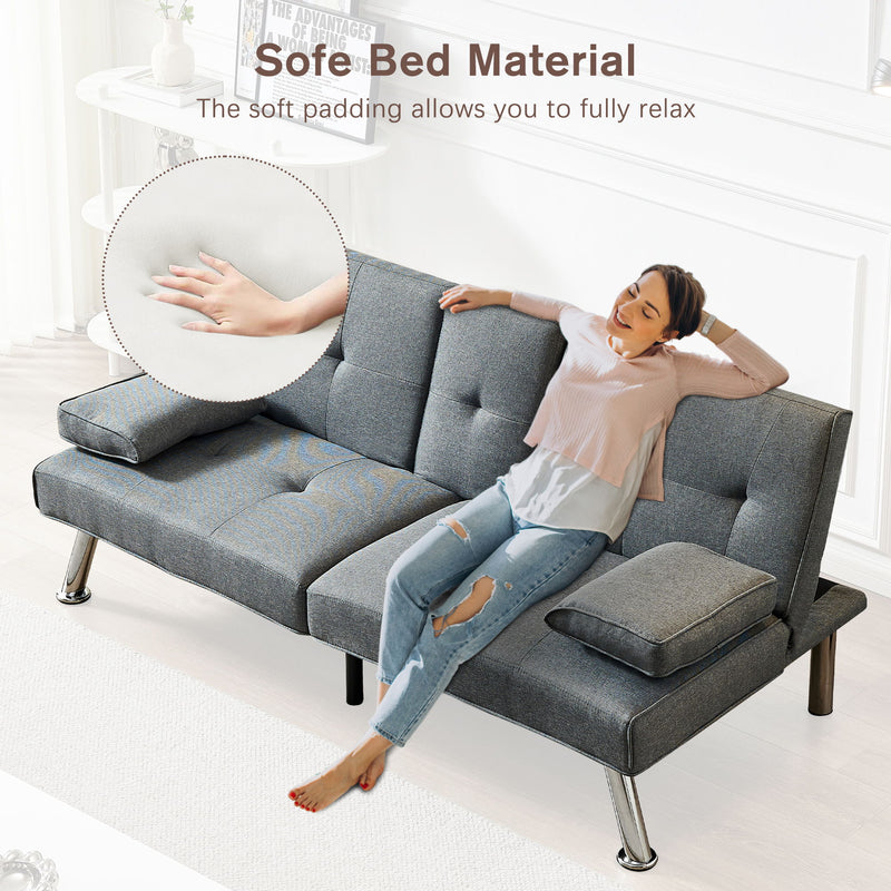 Sofa Bed, Loveseat Futon Sofa Bed With Removable Armrests, Adjustable Reliner Guest Bed Daybed For Small Space, Cup Holders, 3 Angles