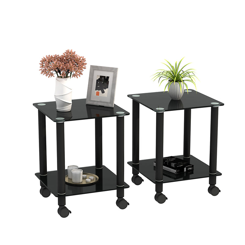 2 Piece Side Table, 2 Tier Space End Table, Modern Night Stand, Sofa Table, Side Table With Storage Shelve - Black