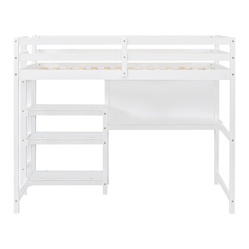 Twin Size Wooden Loft Bed with Shelves, Desk and Writing Board - White