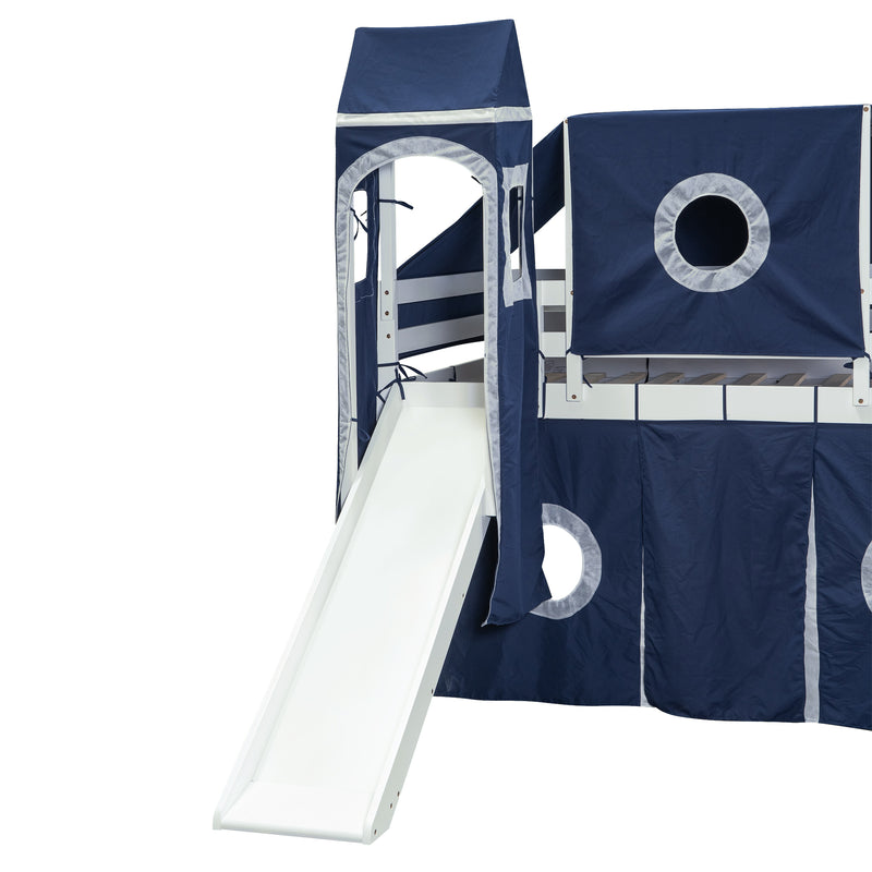 Twin Size Loft Bed with Tent and Tower - Blue