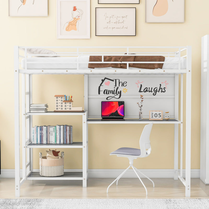 Twin Size Loft Bed With Desk And Whiteboard, Metal Loft Bed With 3 Shelves And Ladder - White