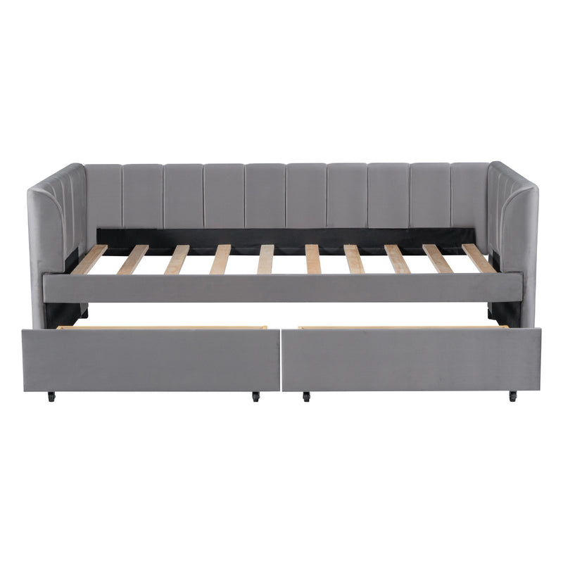 Twin Size Upholstered Daybed with Ergonomic Design Backrest and 2 Drawers, Gray