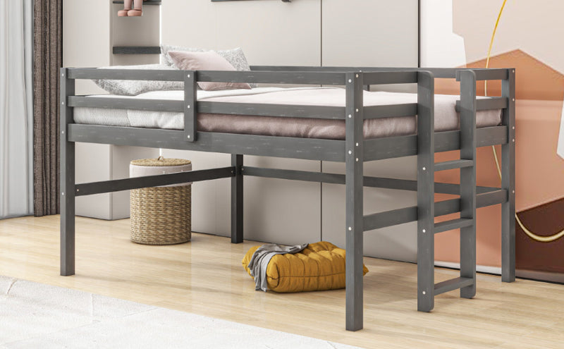 Wood Twin Size Loft Bed with Side Ladder, Antique Grey