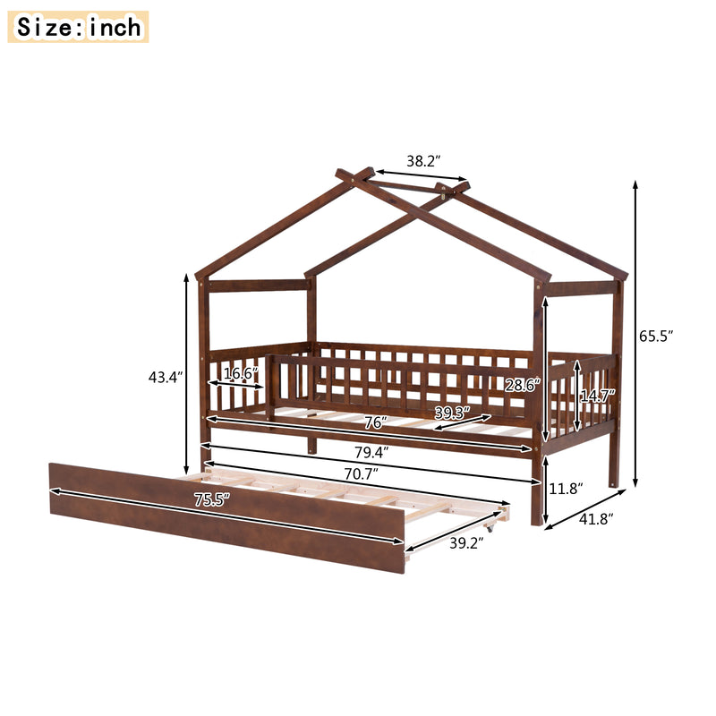 Twin Size Wooden House Bed with Twin Size Trundle, Walnut