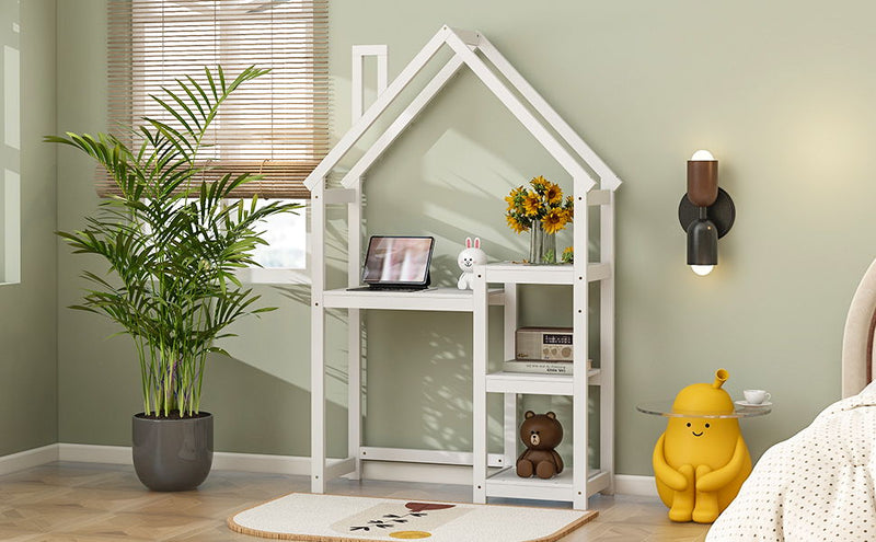 House-Shaped Wooden Writing Desk, Kids Study Table, Bookshelf & Toy Storage