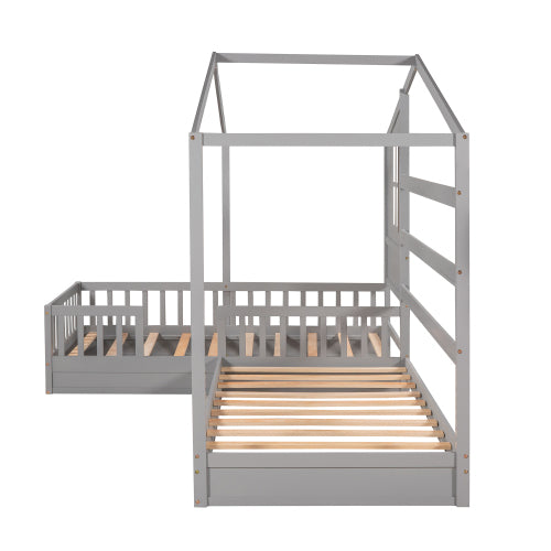 Wood House Bed Twin Size, 2 Twin Solid Bed L structure with fence and slatted frame, Gray