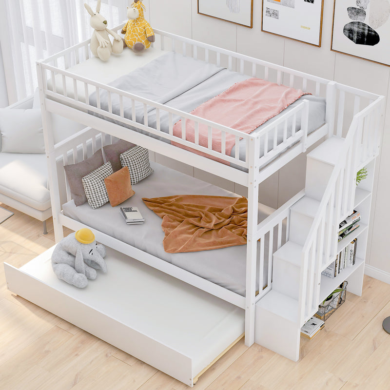 Twin over Twin Bunk Bed with Trundle and Storage, White