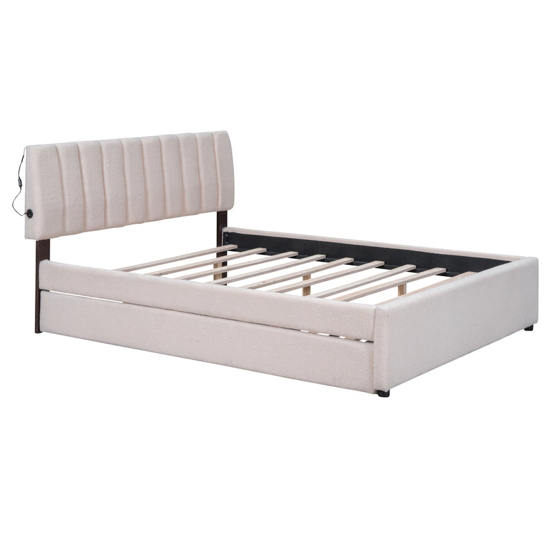 Teddy Fleece Queen Size Upholstered Platform Bed with Trundle, Beige