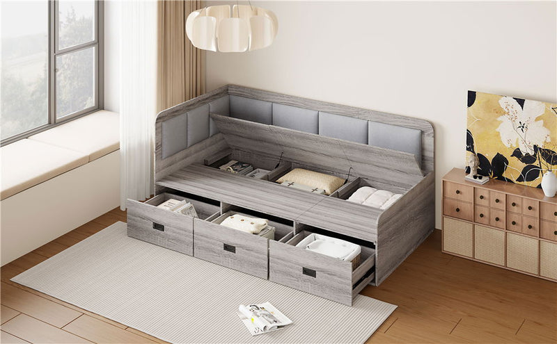 Twin Size Daybed With Three Drawers And Three Storage Compartments - Gray