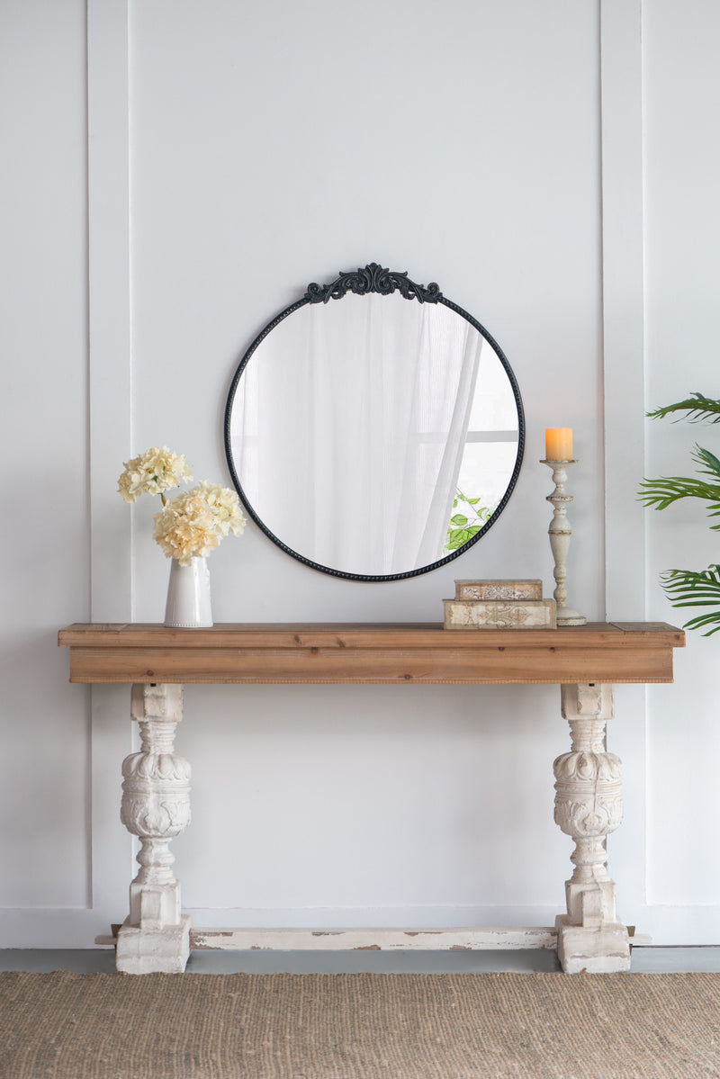 Classic Design Mirror With Round Shape And Baroque Inspired Frame For Bathroom, Entryway Console Lean Against Wall