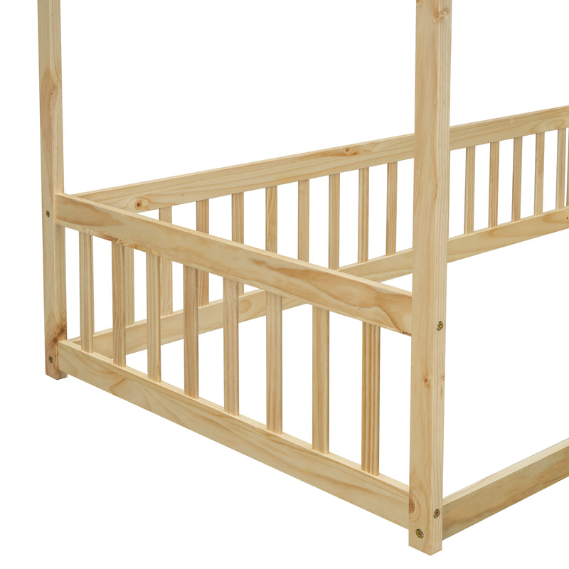 Twin Size Canopy Frame Floor Bed with Fence, Guardrails,Natural