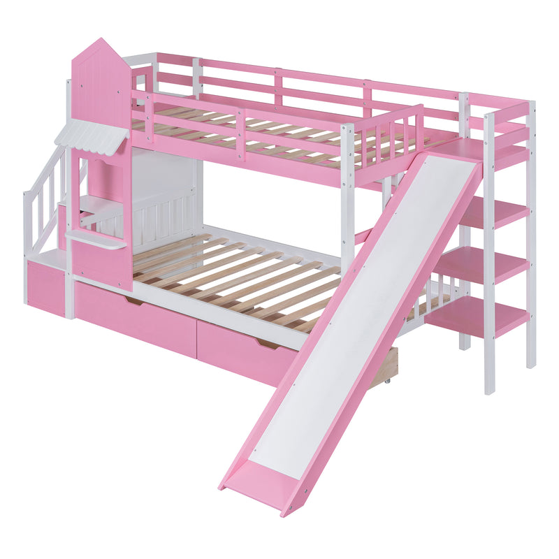 Twin-Over-Twin Castle Style Bunk Bed with 2 Drawers 3 Shelves and Slide - Pink