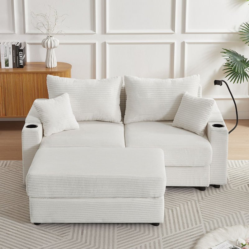 Modern Style Loveseat Sofa Sectional Sofa Couch With Storage Space, A Movable Ottoman, Two USB Ports, Two Cup Holders, A Phone Holder For Living Room