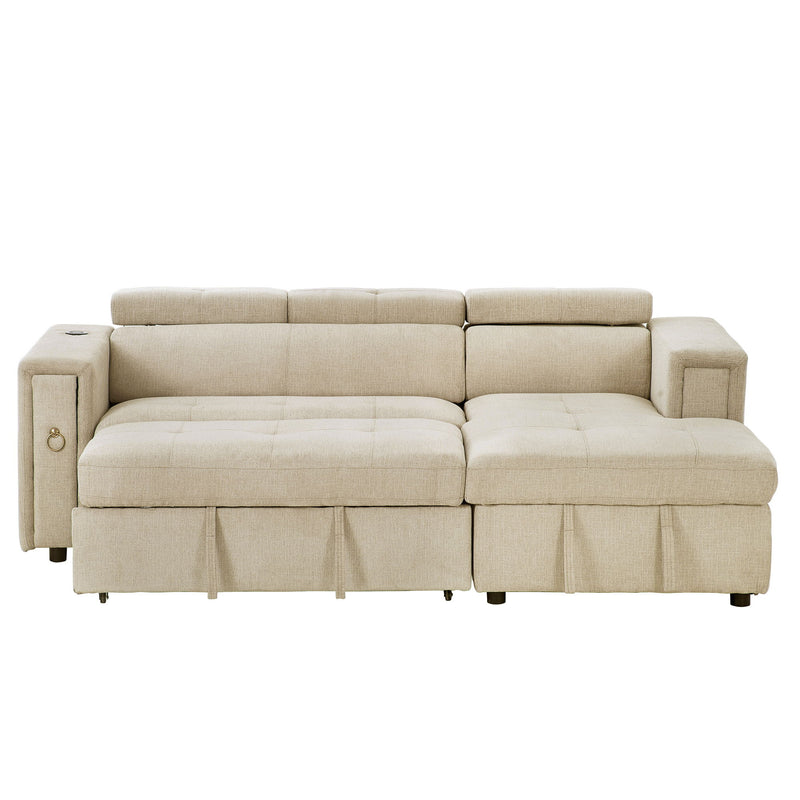 Multi-Functional Pull-Out Sofa Bed L-Shape Sectional Sofa With Adjustable Headrest, Wireless Charging, Cup Holders And Hidden Storage For Living Room