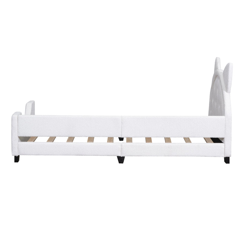 Teddy Fleece Twin Size Upholstered Daybed with Carton Ears Shaped Headboard, White