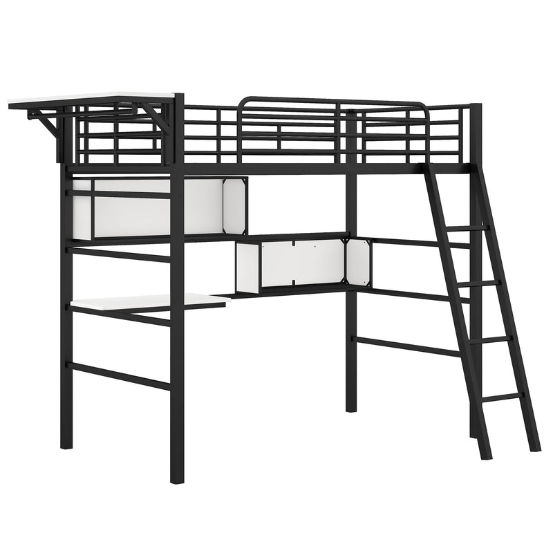 Twin Size Metal Loft Bed with 2 Shelves, a desk and a Hanging Clothes Rack, Black and White