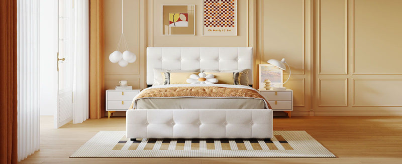 Queen Size Upholstered Platform Bed With Classic Headboard And 4 Drawers, No Box Spring Needed - White