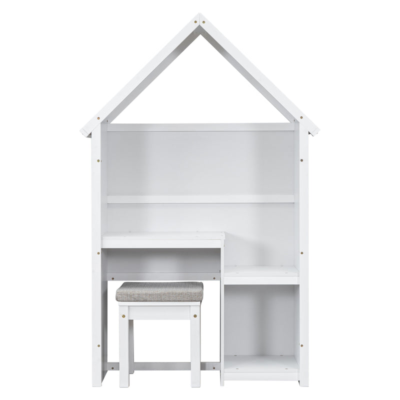 House-Shaped Kids Desk With A Cushion Stool, House-Style Desk And Stool Set