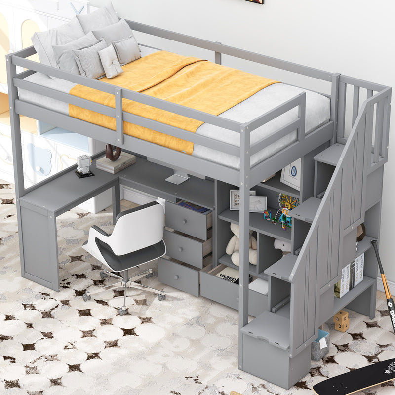 Twin Size Loft Bed with L-Shaped Desk and Drawers, Cabinet and Storage Staircase, Gray