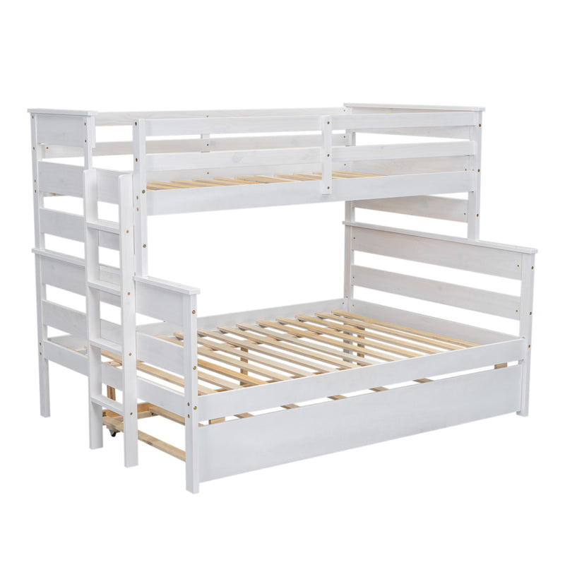 Wood Twin over Full Bunk Bed with Twin Size Trundle, White