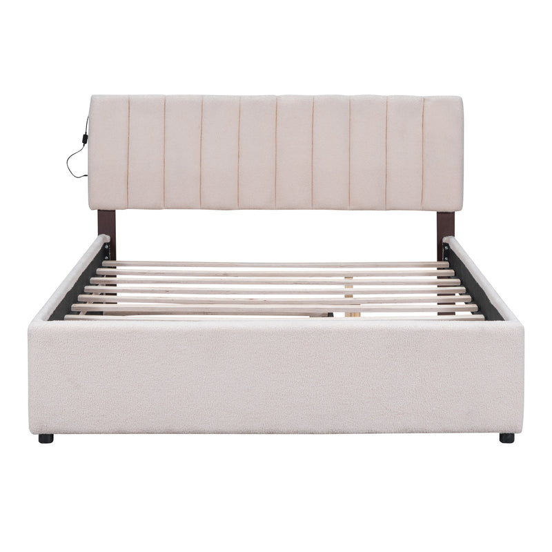 Teddy Fleece Queen Size Upholstered Platform Bed with Trundle, Beige