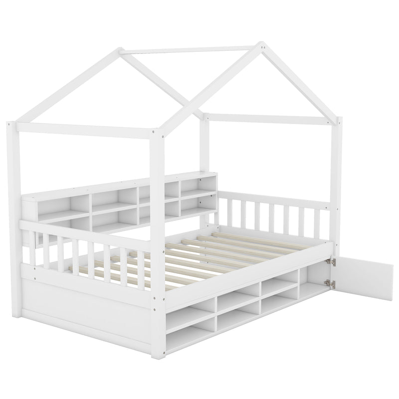 Twin Size Wooden House Bed with Shelves and a Mini-cabinet, White