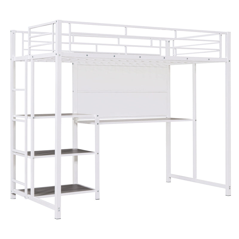 Twin Size Loft Bed With Desk And Whiteboard, Metal Loft Bed With 3 Shelves And Ladder - White