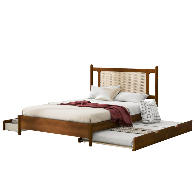 Wooden Rattan Platform Bed, With 2 Big Drawers & Trundle