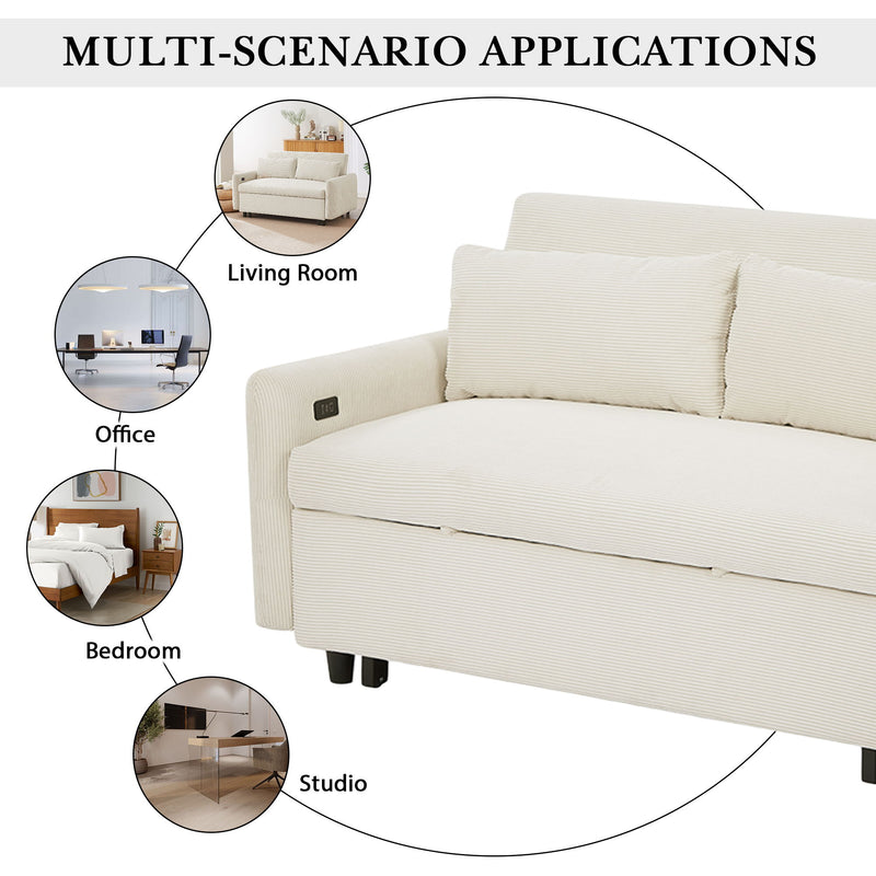 Pull-Out Sofa Bed Convertible Couch 2 Seat Loveseat Sofa Modern Sleeper Sofa With Two Throw Pillows And USB Ports For Living Room