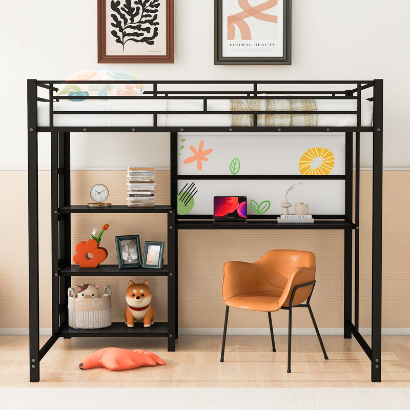 Full Size Loft Bed With Desk And Whiteboard, Metal Loft Bed With 3 Shelves And Ladder - Black