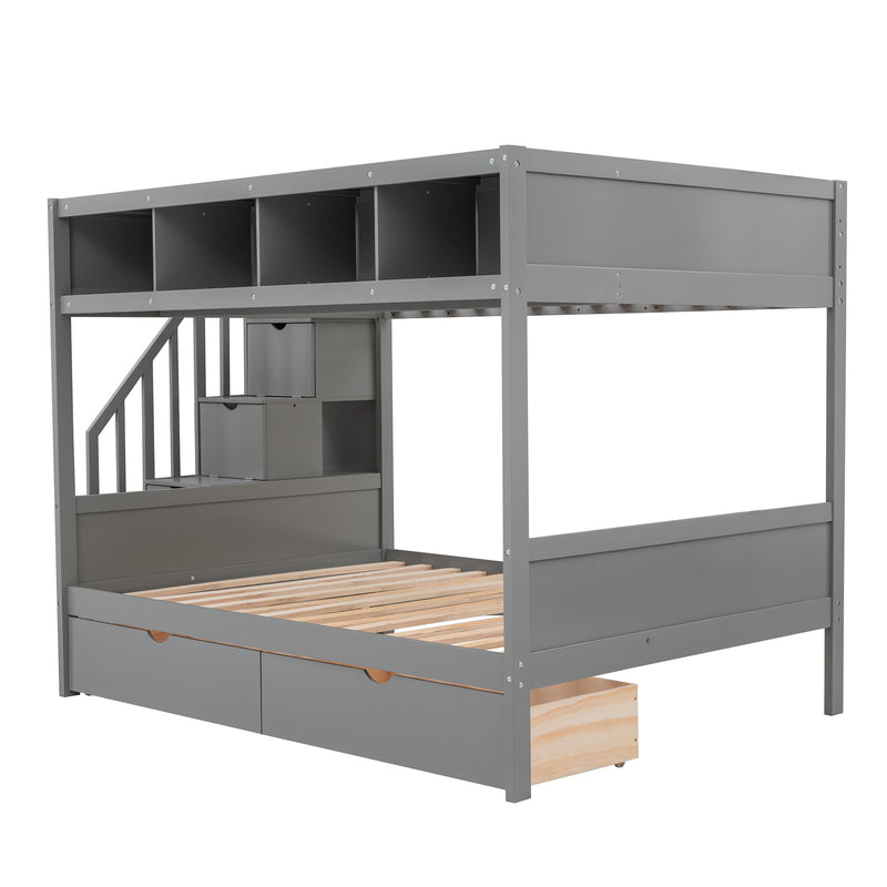 Twin over Full Bunk Bed with Shelfs, Storage Staircase and 2 Drawers, Gray