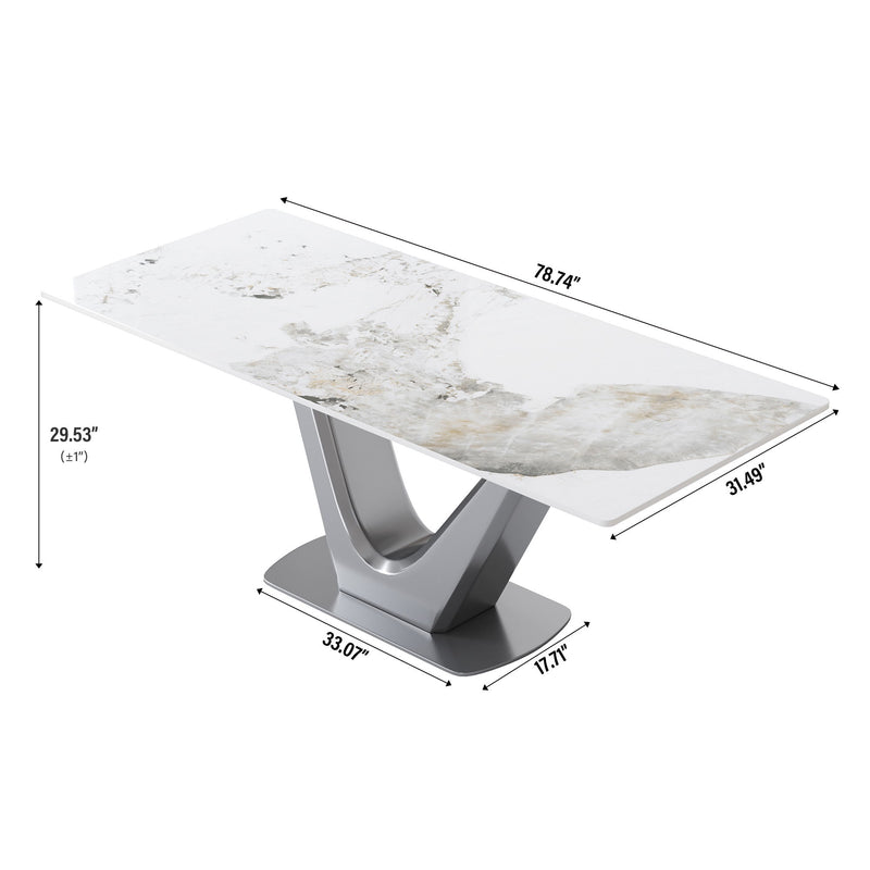 78.74" Modern Artificial Stone Pandora Panel V-Shaped Metal Legs, Can Accommodate 8 People - White / Gray